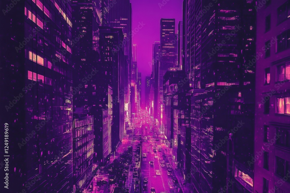 Obraz premium Purple Cityscape Nighttime Urban Streetscape View