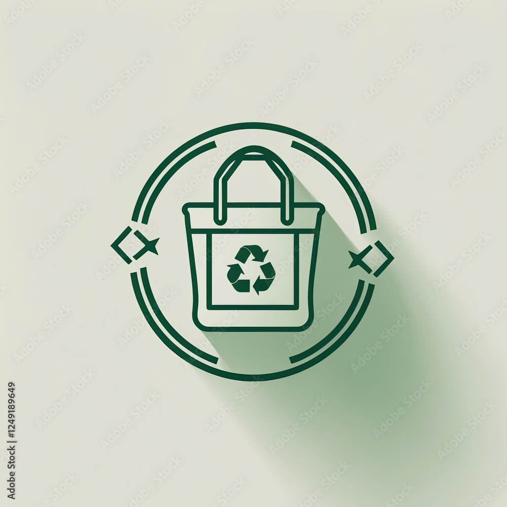 Stylized icon of a reusable shopping bag with a recycling symbol, featuring a modern flat design, soft shadows, and a calming color palette Stylized icon of a reusable shopping bag with a recycling symbol, featuring a modern flat design, soft shadows, and a calming color palette