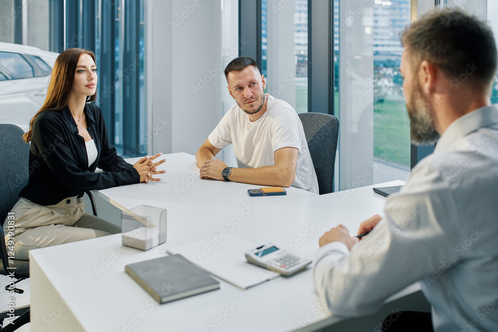 Fototapeta premium A married couple talks to a manager about the details of buying a car