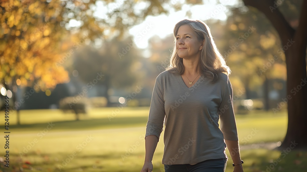 40s Caucasian woman walking in a park, wearing casual clothing, relaxed atmosphere, candid moment, natural light, warm setting, realistic details, subtle shadows, photo, daylight. 40s Caucasian woman walking in a park, wearing casual clothing, relaxed atmosphere, candid moment, natural light, warm setting, realistic details, subtle shadows, photo, daylight.