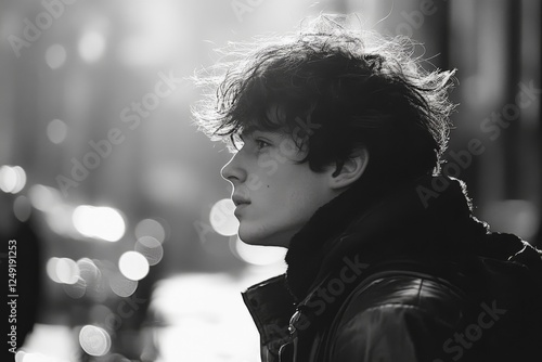 Black-and-white portrait of a young man with dramatic lighting photo