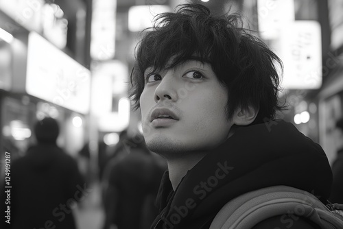 Black-and-white street photography of a crowd walking in a city photo