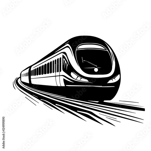 Black and white illustration of a modern high-speed train. Railway travel. Railroad.