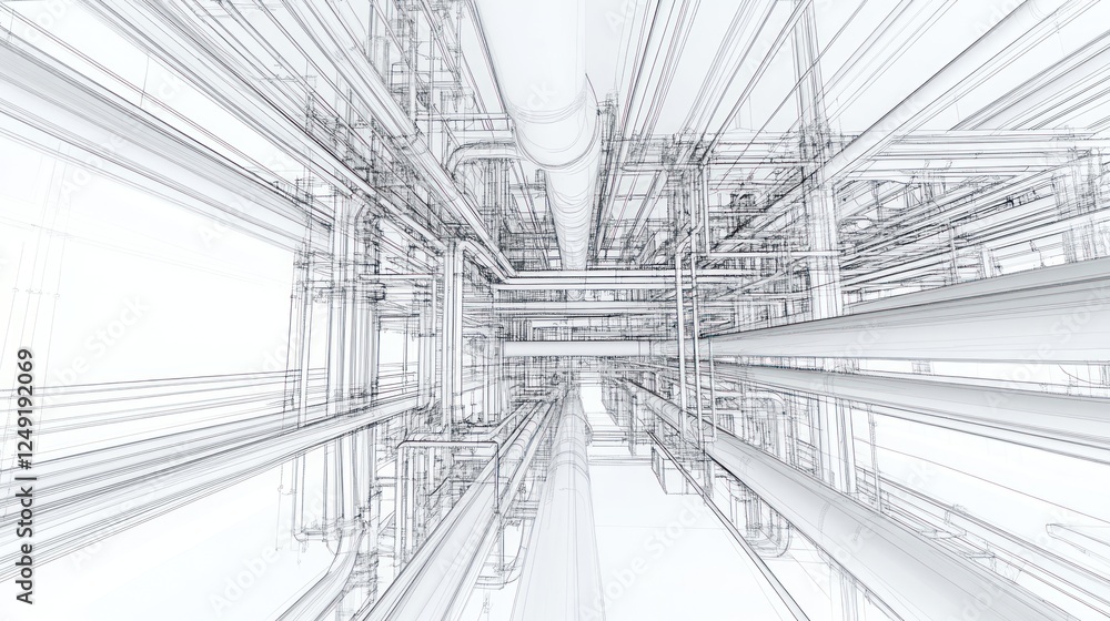 Fototapeta premium Abstract 3D rendering of complex industrial pipeline system, intricate network of pipes and tubes.
