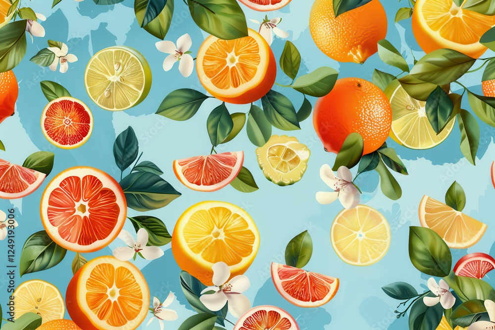 Citrus Fruit Pattern with Slices and Flowers on Blue Background Citrus Fruit Pattern with Slices and Flowers on Blue Background