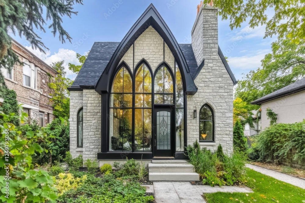 Charming gothic-style residence with large glass windows and lush greenery in a serene neighborhood setting, reflecting a blend of nature and architecture Charming gothic-style residence with large glass windows and lush greenery in a serene neighborhood setting, reflecting a blend of nature and architecture