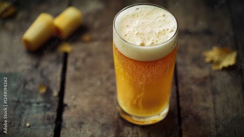 A light-colored beer with a generous foam head, served in a clear glass and placed on a rustic wooden table. Perfect for warm weather or social gatherings. A light-colored beer with a generous foam head, served in a clear glass and placed on a rustic wooden table. Perfect for warm weather or social gatherings.