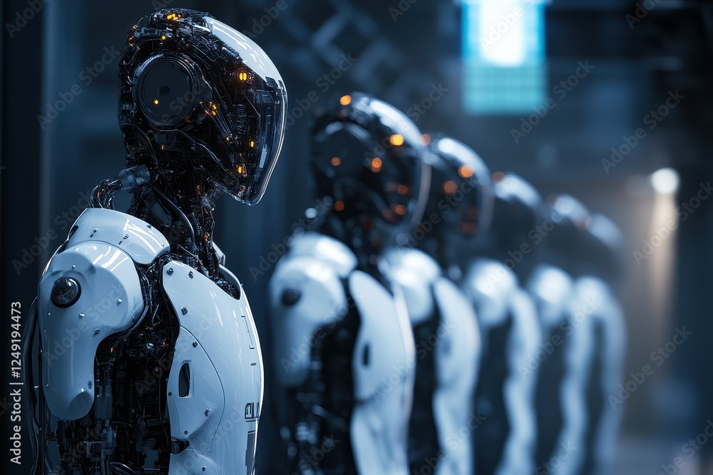 Fototapeta premium Robots in Factory Setting Being Inspected for Quality Control and Analysis