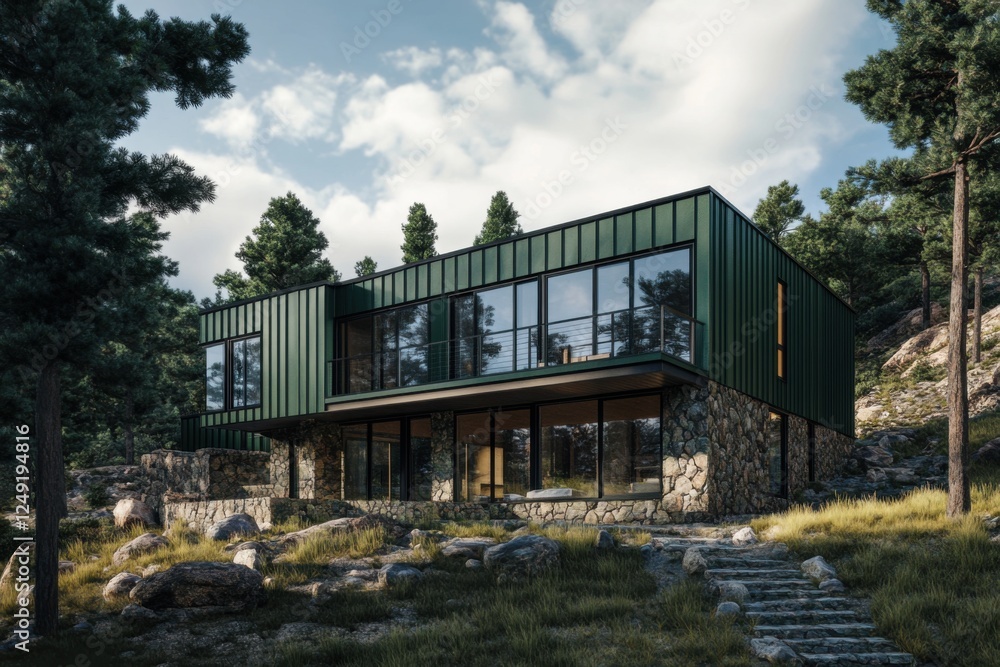 Obraz premium Contemporary house design beautifully highlights innovative architectural elements set against a stunning natural landscape, featuring vibrant sunny weather, majestic trees, and rugged rocks