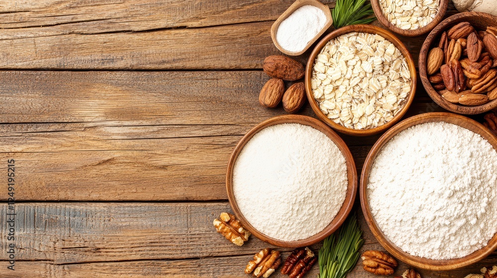 Food Tolerance Concept, Rustic Display of Allergen-Free Baking Ingredients on Wooden Surface with Natural Elements Food Tolerance Concept, Rustic Display of Allergen-Free Baking Ingredients on Wooden Surface with Natural Elements