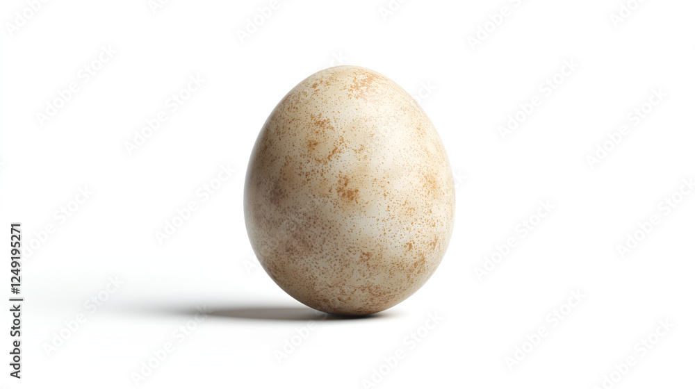 Fototapeta premium Close-up view of a speckled egg shows delicate natural markings, set against a plain white background. Nature's artwork.