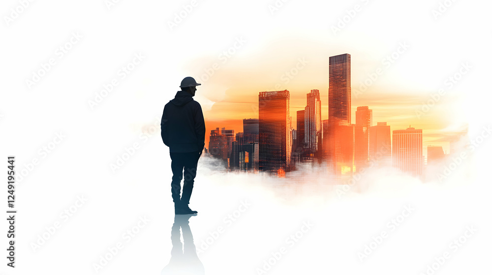 a lone man silhouetted against a vibrant cityscape at sunset. He stands with his back to the viewer, gazing at the sprawling city, which is bathed in golden light. a lone man silhouetted against a vibrant cityscape at sunset. He stands with his back to the viewer, gazing at the sprawling city, which is bathed in golden light.