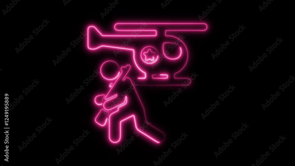 Glowing neon soldier isolated on black background. HD Video motion graphic animation