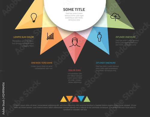 A colorful dark infographic template with six triangular sections, each featuring an icon and text. The sections highlight ideas with vibrant colors and placeholders in a circular layout.