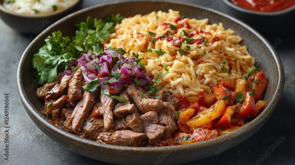 Sliced steak with rice, peppers, and onions. Sliced steak with rice, peppers, and onions.