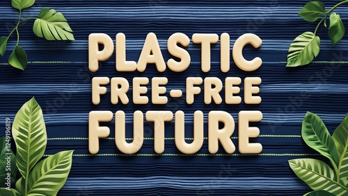 Conceptual design featuring the phrase 'Plastic Free-Free Future' surrounded by tropical leaves, symbolizing sustainability and environmental photo