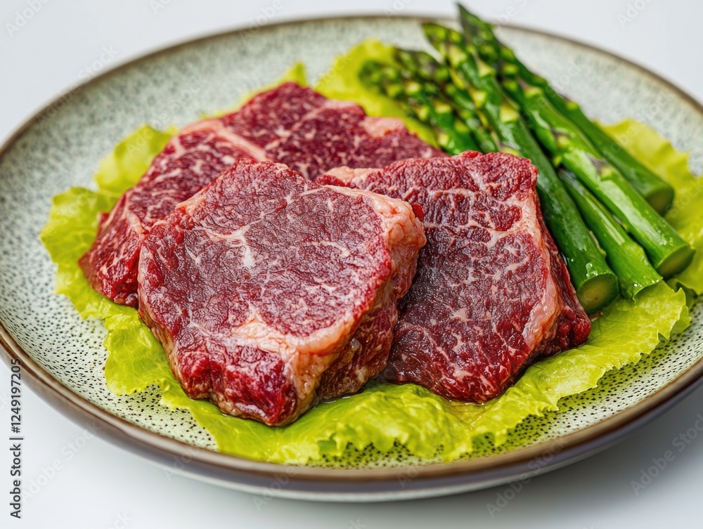 A plate of perfectly cooked beef tenderloin steaks served with fresh asparagus on a stylish dish. A plate of perfectly cooked beef tenderloin steaks served with fresh asparagus on a stylish dish.