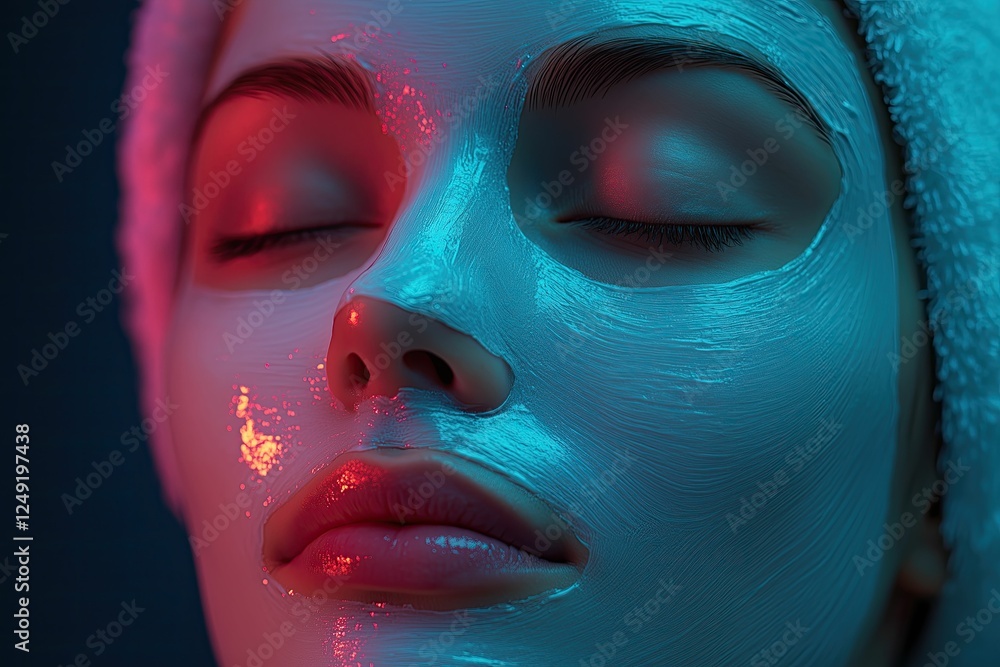 Woman's face with white mask under soft glow Woman's face with white mask under soft glow