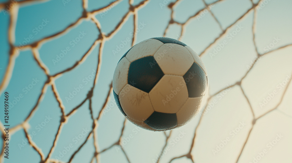 Fototapeta premium A soccer ball soaring into the goal net, capturing the thrill of victory and precision. A dynamic sports moment perfect for advertising, articles, and promotions.