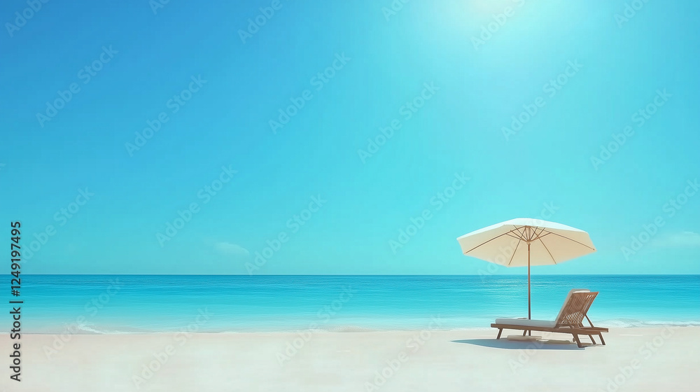 A sun lounger with an umbrella on the shore of a crystal-clear blue ocean, radiating relaxation and paradise vibes. Perfect for vacation, travel, and resort themes. A sun lounger with an umbrella on the shore of a crystal-clear blue ocean, radiating relaxation and paradise vibes. Perfect for vacation, travel, and resort themes.