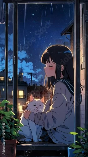 anime girl sitting under raining, lofi, rain, rainy, 4K resolution, lofi rain animation, sound, music, 4K Lofi Japanese Anime-style background animation video, anime lofi girl, lofi animation	