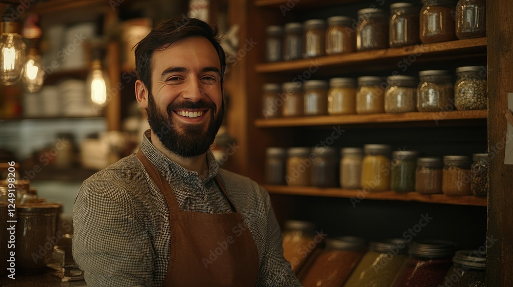 A bearded man in an apron smiles warmly while standing confidently in front of spice-filled shelves, creating a cozy shop atmosphere. A bearded man in an apron smiles warmly while standing confidently in front of spice-filled shelves, creating a cozy shop atmosphere.