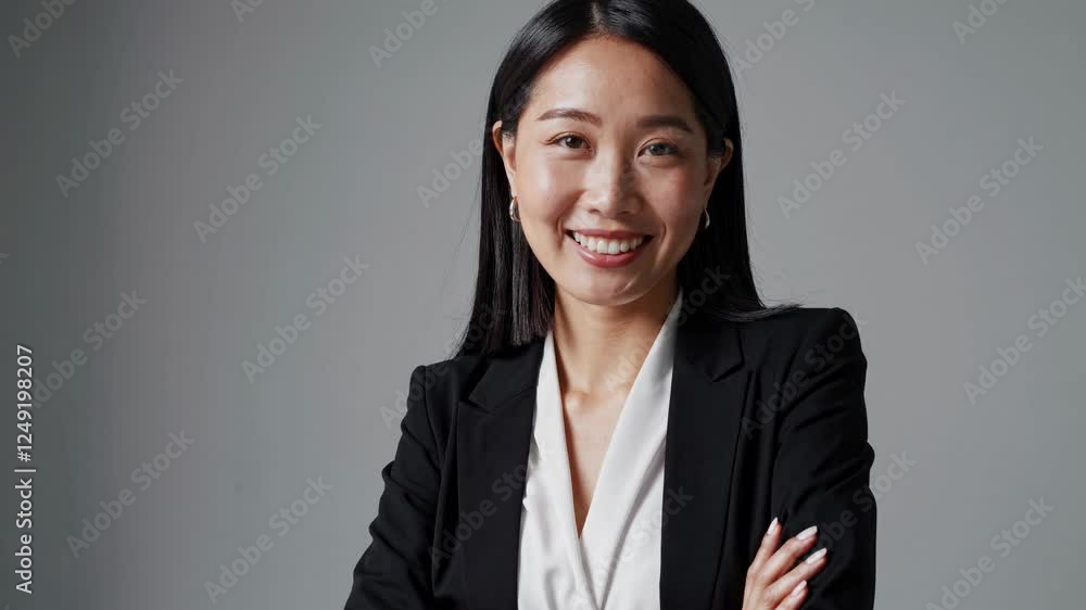 Portrait of a young asian businesswoman smiling at camera with arms crossed, isolated on a gray background, exuding confidence and professionalism Portrait of a young asian businesswoman smiling at camera with arms crossed, isolated on a gray background, exuding confidence and professionalism