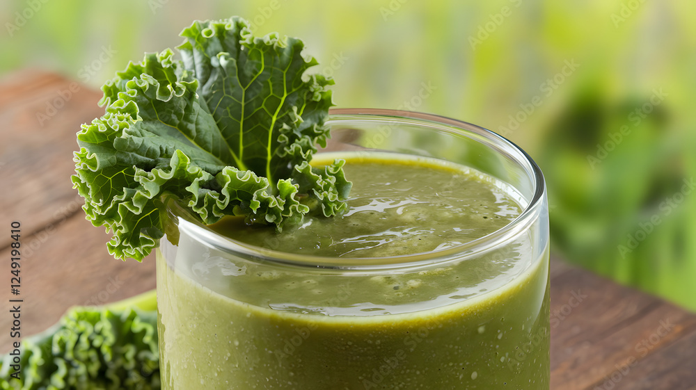 A close-up shot of a fresh green kale smoothie in a glass with a bunch of curly kale on a table, set against a soft, vibrant nature background with blurred greenery. A close-up shot of a fresh green kale smoothie in a glass with a bunch of curly kale on a table, set against a soft, vibrant nature background with blurred greenery.