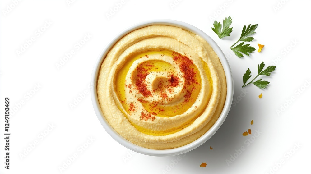 A bowl of creamy hummus with a swirl of olive oil and paprika garnish, isolated on a white background with copy space. A bowl of creamy hummus with a swirl of olive oil and paprika garnish, isolated on a white background with copy space.