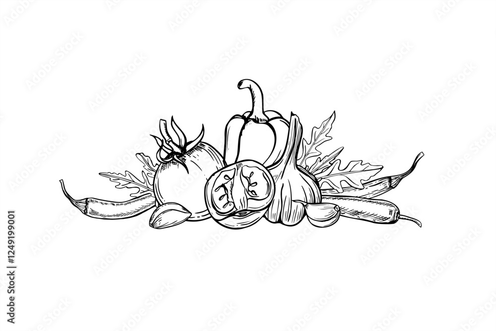 Fototapeta premium Monochrome vegetables for traditional Mexican dishes vector illustration painted by black inks. Tomatoes, pepper, garlic, arugula leaves, jalapeno slices, chili peppers realistic graphic line sketch