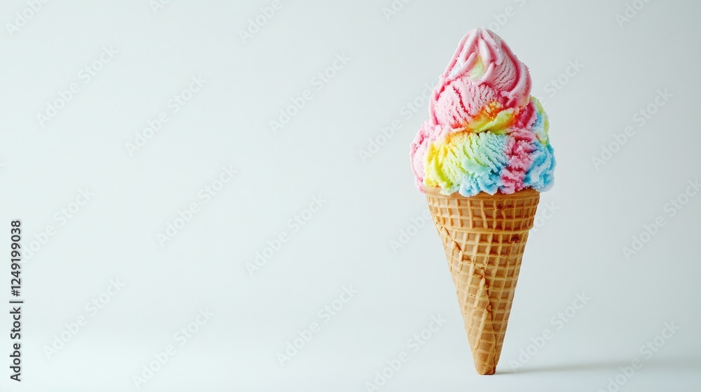 A colorful scoop of ice cream in a waffle cone, isolated on a white background with ample copy space. A colorful scoop of ice cream in a waffle cone, isolated on a white background with ample copy space.
