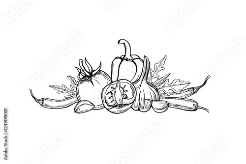 Monochrome vegetables for traditional Mexican dishes vector illustration painted by black inks. Tomatoes, pepper, garlic, arugula leaves, jalapeno slices, chili peppers realistic graphic line sketch