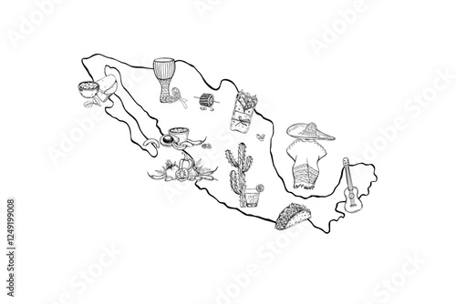 Mexica map silhouette with sights vector monochrome illustration painted by black inks. Mexican clothing, musical instruments, cuisine food, drinks, plants. For tourist advertising brochures