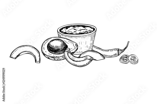 Avocado, chili pepper, jalapeno and guacamole dip in bowl vector illustration. Vegetable ingredients for traditional Mexican sauce line art black ink sketch. Etching drawing of national spicy food