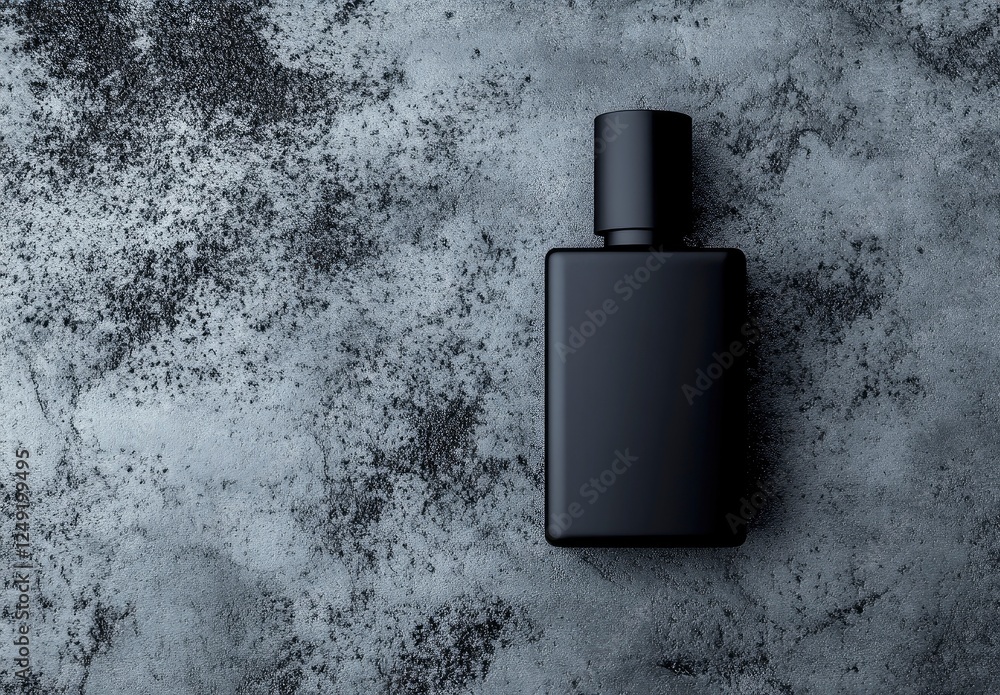 Black bottle of men's perfume on a gray concrete background with a frame for text, a mockup template. Black bottle of men's perfume on a gray concrete background with a frame for text, a mockup template.
