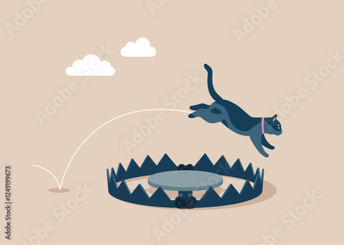 Cat jump through bear trap. Avoid pitfall, adversity and brave to jump pass business failure. Vector illustration in flat style