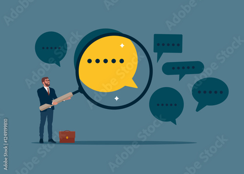 Businessman holding a magnifying glass analyzing speech bubbles. Discussion, conversation, meeting, team communication. Flat vector illustration. 