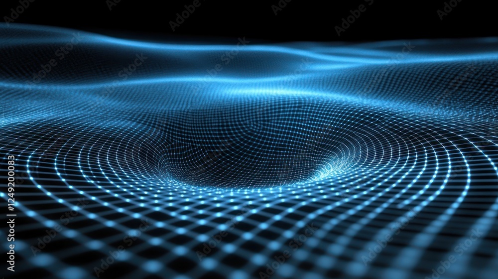 Obraz premium Abstract blue digital landscape with glowing grid and vortex.