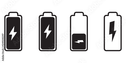 Battery charge many color flat icons. Battery charging, charge indicator. Vector battery power icon powerfully charged. Vector illustration