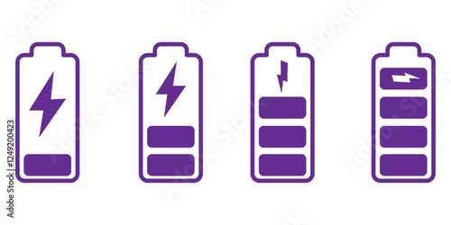 Battery charge many color flat icons. Battery charging, charge indicator. Vector battery power icon powerfully charged. Vector illustration