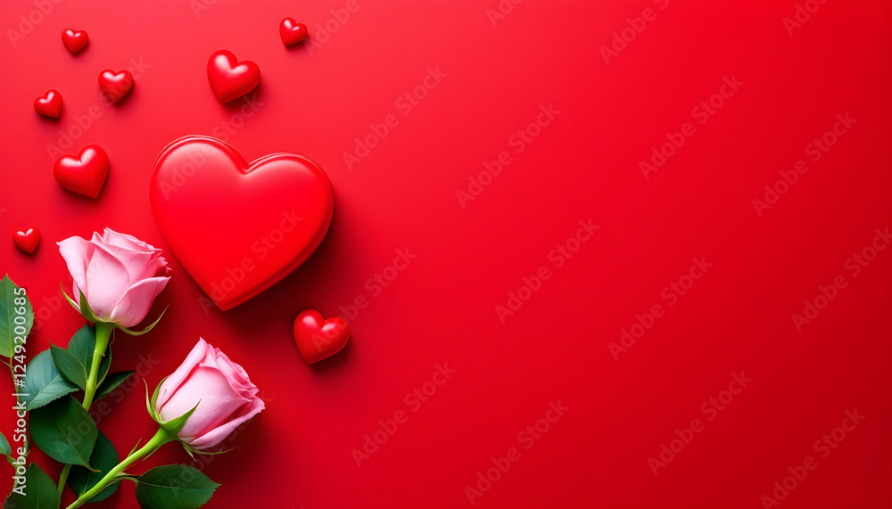 Red hearts on a red background. Visually Appealing Valentine's Day Web Banner with Hearts and Roses on a Bright Red Background for February 14 Wallpaper Background