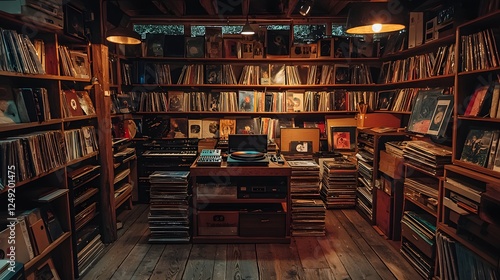 A vintage record shop with wooden shelves, stacks of vinyl records, and a turntable spinning under warm lighting