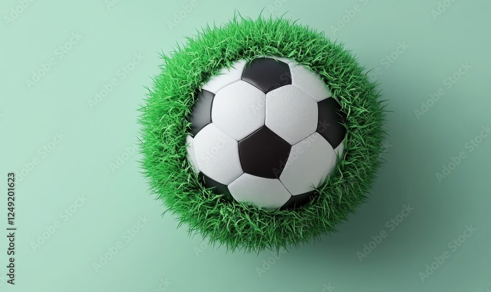 Naklejka premium Soccer ball in grass, green background, sports, eco-friendly