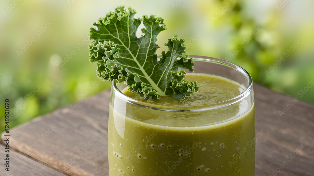 A close-up shot of a fresh green kale smoothie in a glass with a bunch of curly kale on a table, set against a soft, vibrant nature background with blurred greenery. A close-up shot of a fresh green kale smoothie in a glass with a bunch of curly kale on a table, set against a soft, vibrant nature background with blurred greenery.