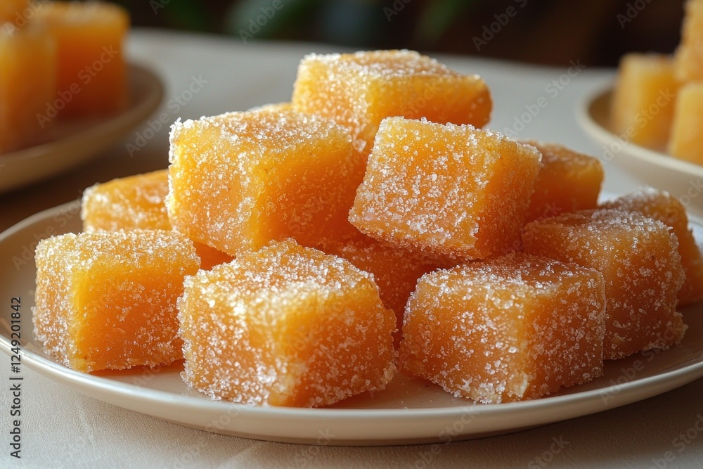 Close-up of vibrant orange sugar-coated jelly cubes on a light background Close-up of vibrant orange sugar-coated jelly cubes on a light background