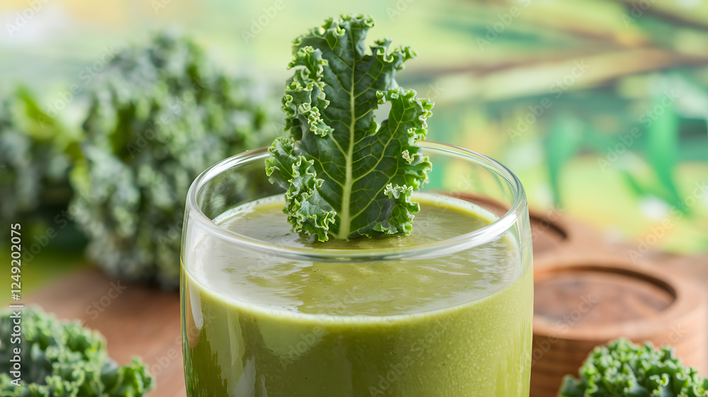 A close-up shot of a fresh green kale smoothie in a glass with a bunch of curly kale on a table, set against a soft, vibrant nature background with blurred greenery. A close-up shot of a fresh green kale smoothie in a glass with a bunch of curly kale on a table, set against a soft, vibrant nature background with blurred greenery.
