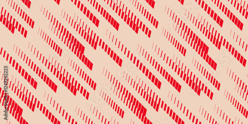 Abstract vector geometric seamless pattern with diagonal fading lines, tracks, halftone stripes, movement effect. Extreme sport style texture, urban art. Bright red and beige background. Funky design