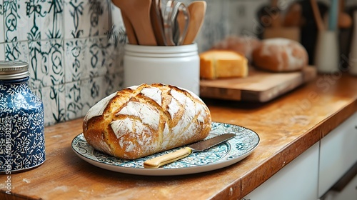 A kitchen counter with a loaf of freshly baked bread, retro ceramic jars, and a butter knife on a patterned plate photo