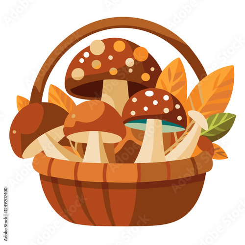 Gathering fresh autumn mushrooms in a wicker basket, surrounded by vibrant leaves of fall colors. The setting captures the essence of foraging in nature's bounty