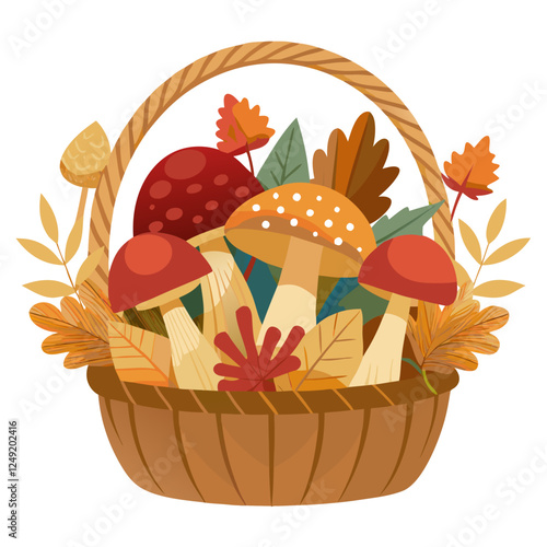 A wicker basket filled with freshly picked autumn mushrooms displays vibrant colors and varied shapes. Surrounding it are colorful leaves, capturing the essence of the season